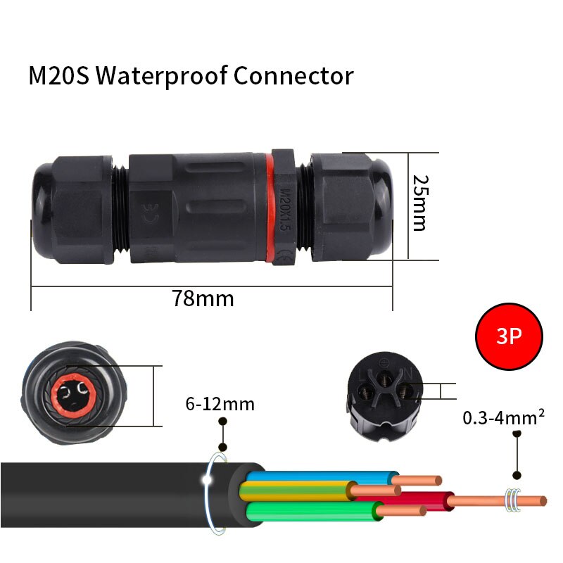 IP68 Waterproof Connector 2/3/4/5 Pin Electrical Terminal Adapter Wire Connector Screw Pin connector LEDLight Outdoor Connection: M20S-3p
