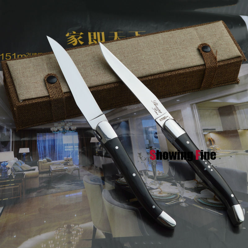 Kerstcadeau Laguiole Rvs Diner Mes LayerWood Handvat Tafel Kinves Steak Messen Bestek, 2 stks in een Handgemaakte doos