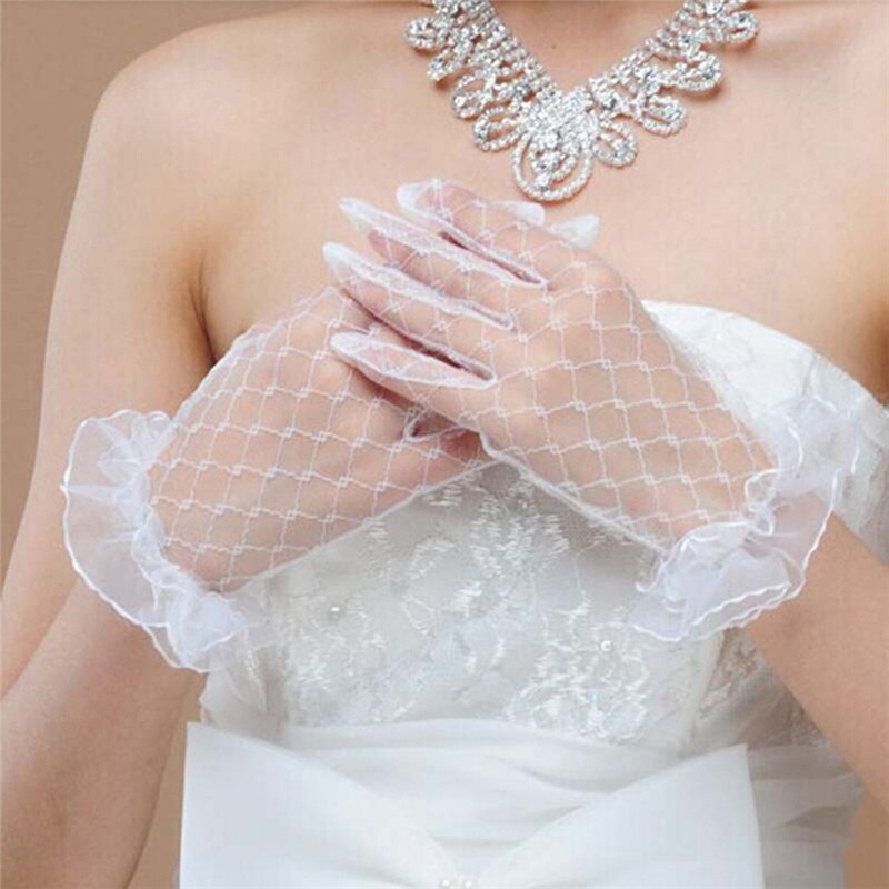 Guantes cortos de Boda Para novia, de encaje, corto Beige, Accesorios baratos Para Boda: Blanco