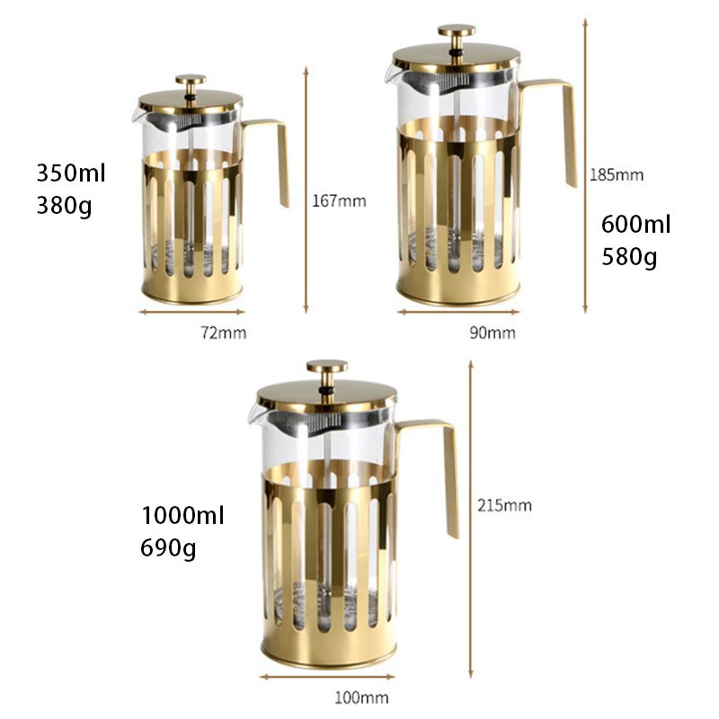 Coffee Pot French presses Stainless Steel High Temperature Resistant Glass Coffee Machine Gold: 350ML