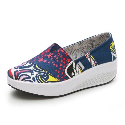 Canvas Breathable Women Toning Shoes Wedges Height Increased Loss Weight Swing Shoes Low Wedges Massage Shoes AA11011: Blue / 7