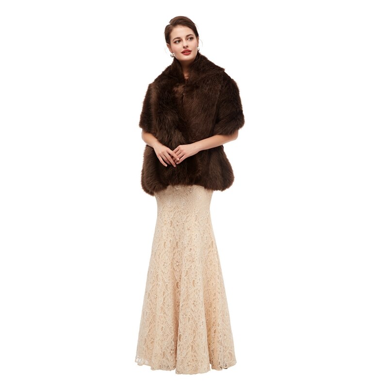 Auf Lagerbier Frauen Braun Pelz Schal Hochzeit wickeln Für Formale Kleid Cheongsam Verheiratet Oberbekleidung Braut Kap Herbst Winter Boleros