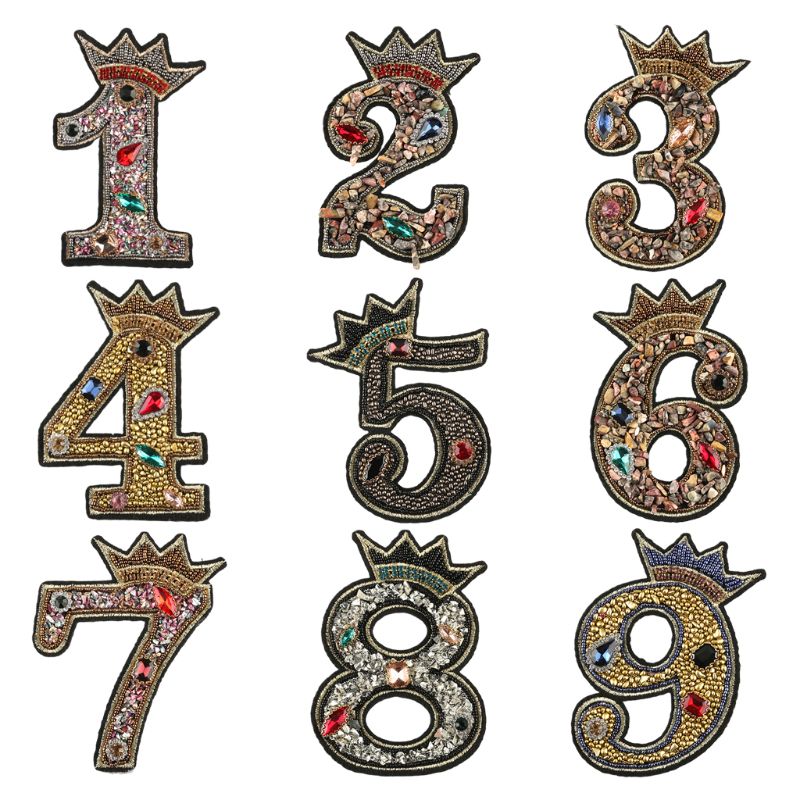 Parche de número 0-9, corona con cuentas de diamantes de imitación para coser/planchar en aplique, insignia, decoración DIY