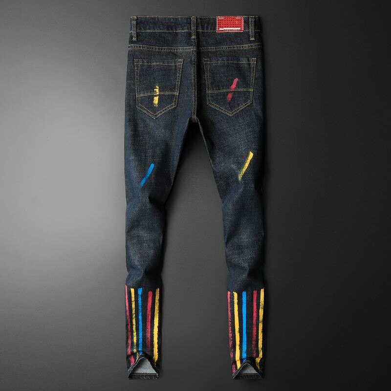 Kleur Strepen Jeans Mannen Elastische Kracht Punk Nachtclub Persoonlijkheid Straight Gedrukt Jean Man Trendy Gekleurde Tekening Denim Broek