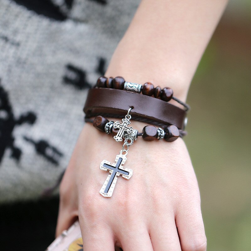 4 Layers Charm Bracelet for Women Men Leather Rope String Beads Jesus Christ Cross Jewelry 17cm Adjustable Handmade