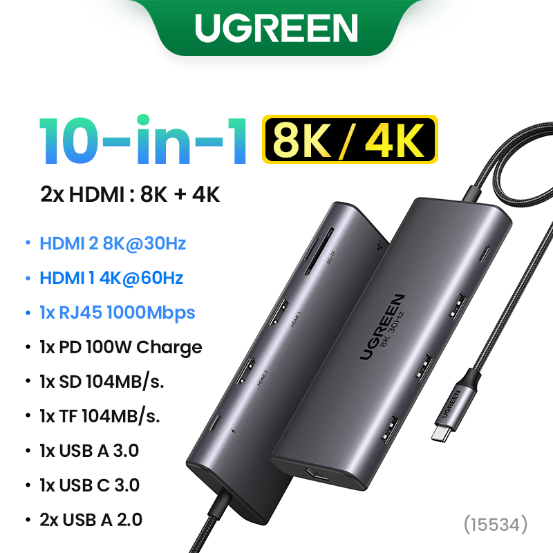 UGREEN Dual HDMI HUB USB 8K HDMI Adapter 10 W 1 Splitter z RJ45 USB 3.0 PD 100W stacji dokującej do macbooka Pro Air M2 M1 USB C HUB