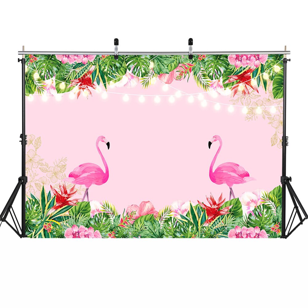 Summer Pink Flamingo Hawaiian Party Photography Background Tropical Flowers Green Leaf Birthday Party Photo Background Photocall: 200x150cm ThinVinyl