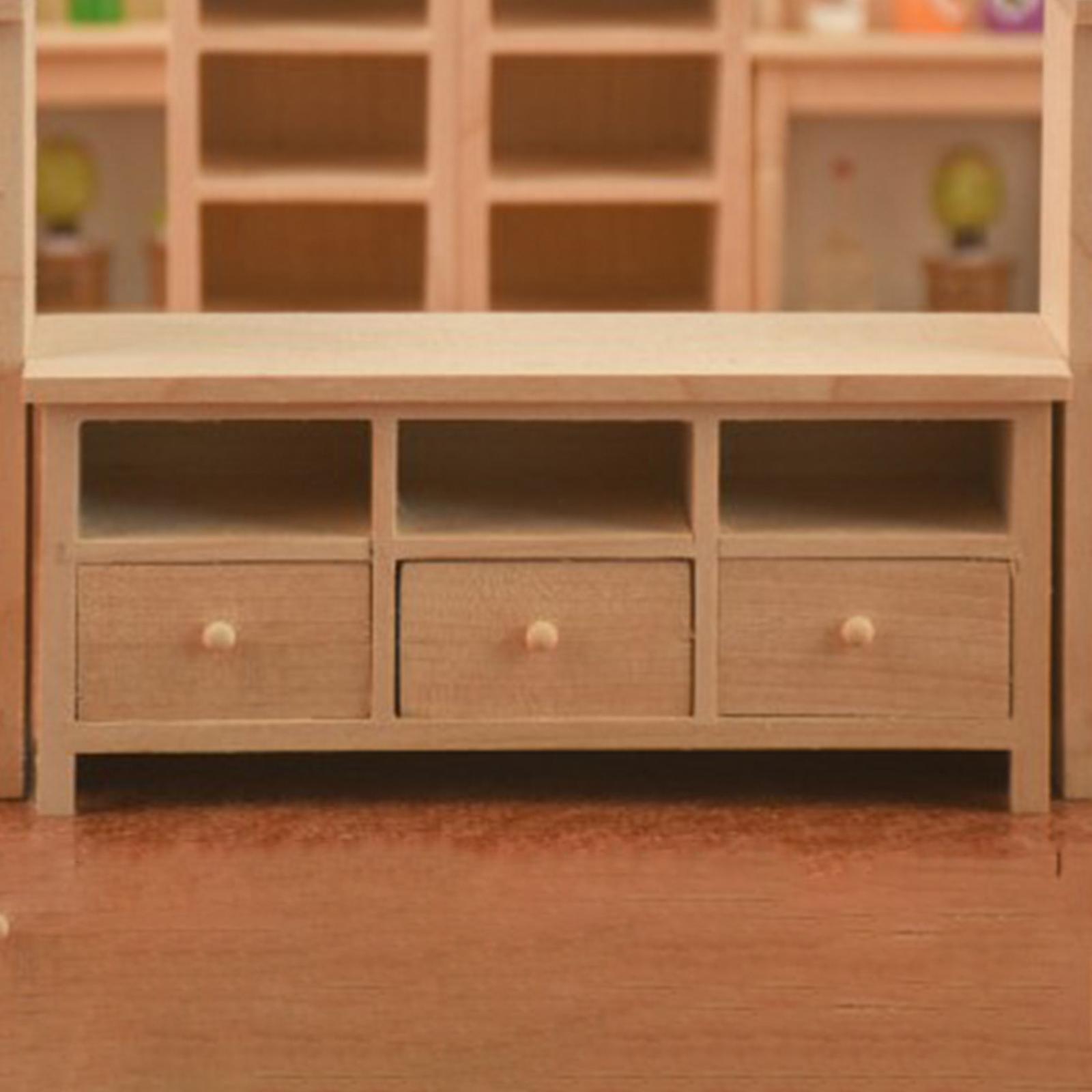 1/12 Puppenhaus Miniatur Birke Holz 3-Gitter Schrank mit Schublade Schlafzimmer