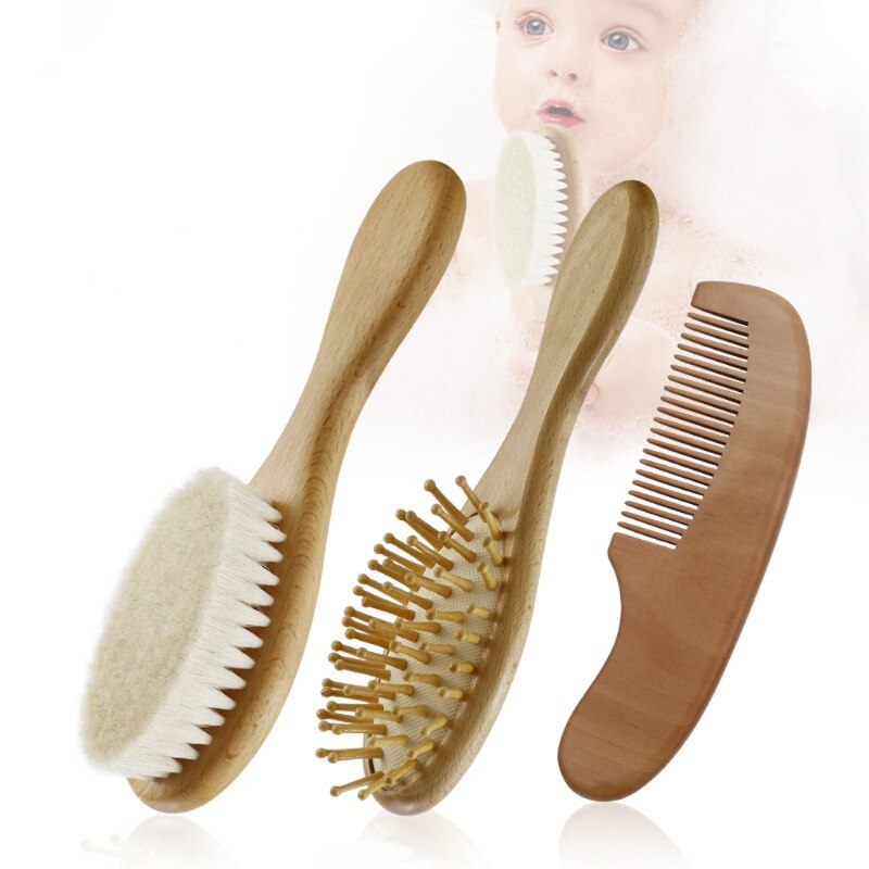 3Pcs Baby Haarborstel En Kam Set Pasgeboren Natuurlijke Wol Kam Haar Borstel Zuigeling Hoofd Massager Baby Register