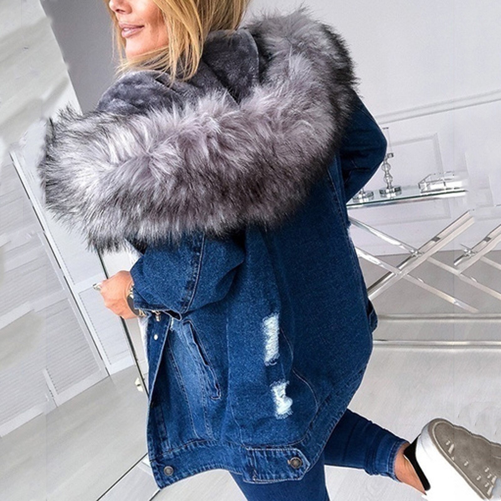 Women's Cowboy Jacket Denim Add A Long - Sleeved Denim Solid Thicken Mujer Coat With A Fur-trimmed Collar #t2g