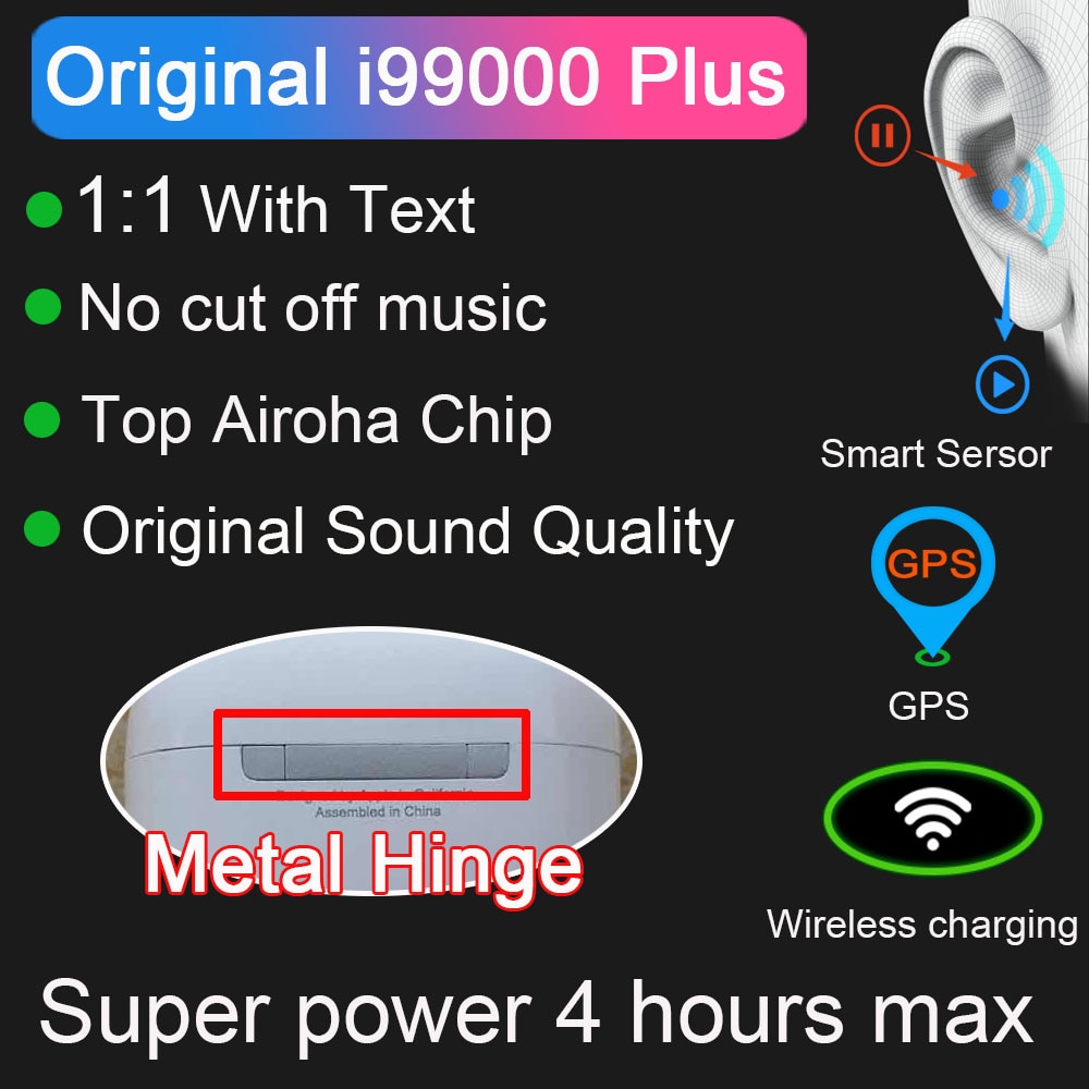 i99000 Plus TWS Wireless Bluetooth Earphone Metal hinge PK i5000 i9000 Pro i90000 MAX 1:1 Air 2 Top Airoha 1562A chip With Text