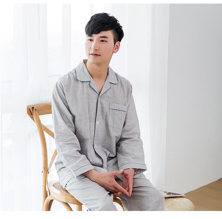 Men Pajamas Home Wear Long Sleeve Trousers Pyjama Cotton Sleepwear Set Double-layer Yarn Breathable Spring Autumn pijama hombre