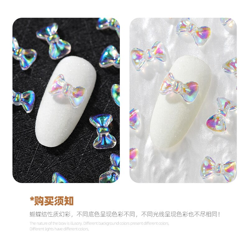 10Pcs Holografische Aurora Strikjes Nail Art Decoraties 3D Crystal Ab Kleurrijke Boog Ornamenten Japanse Diy Manicure Accessoires