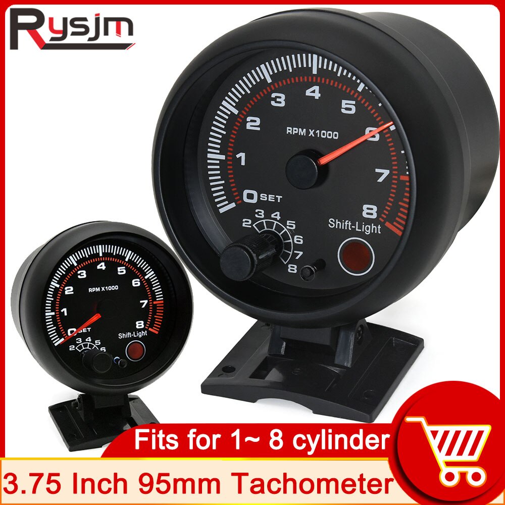 Black Tachometer Gauge with Red Shift Light Universal 3.75 Inch 95mm 12V White LED Auto 0-8000 RPM Meter Tacometro Tach Gauge