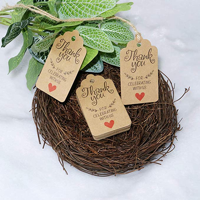 100 piezas de papel kraft gracias por celebrar con nosotros para la boda etiquetas de Paquete de etiquetas etiquetas de precio hechas a mano de joyería