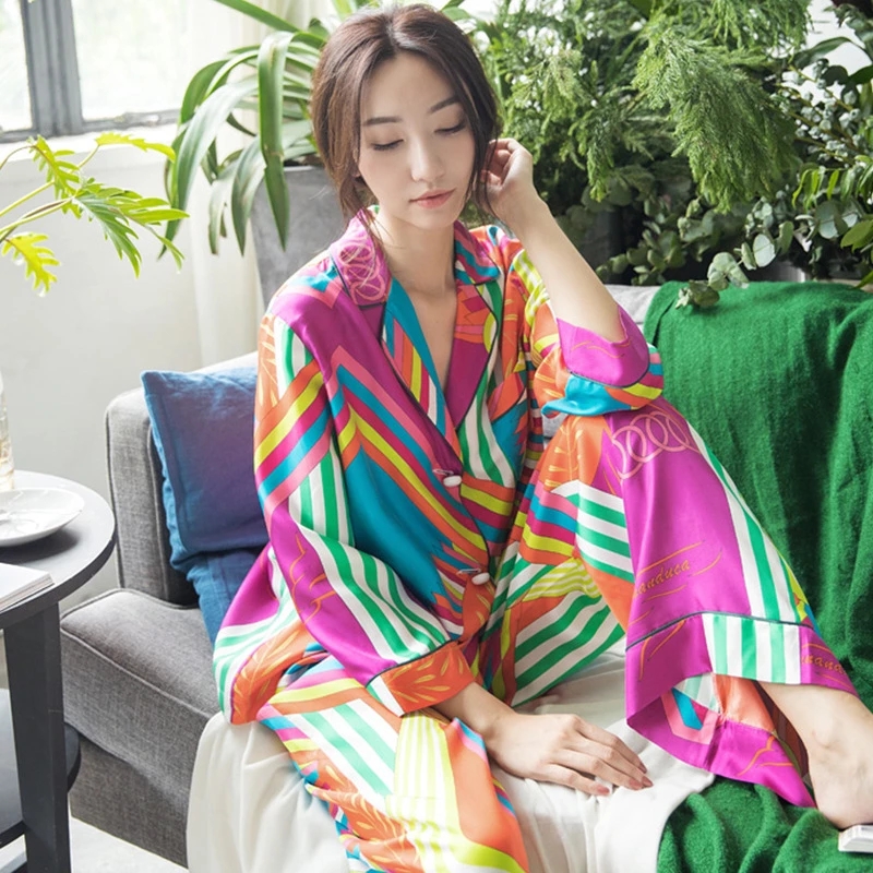 Kvinder silke pyjamas efterår koreansk nattøj løs cardigan lange ærmer bukser sæt 2 dele sexet satin pyjamas hjemmetøj