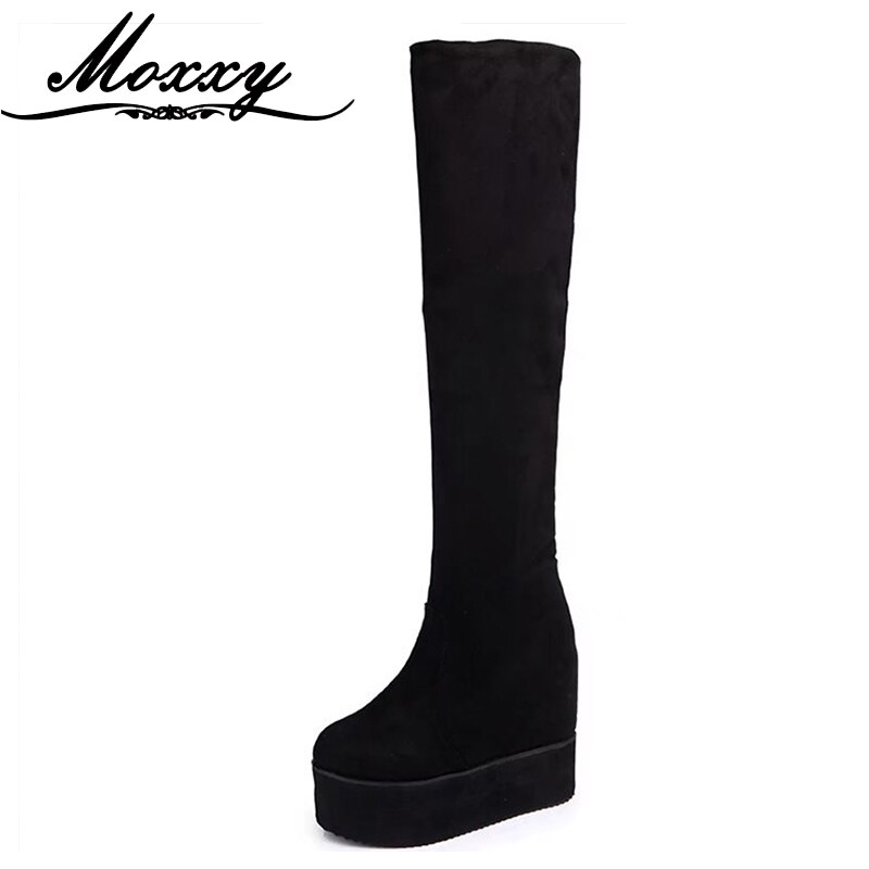 Cuissardes daim plate-forme bottes d'hiver femmes sur le genou bottes compensées talons hauts fourrure chaussures femme bottes longues
