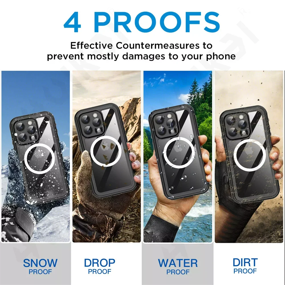 Funda de teléfono magnética a prueba de agua IP68, adecuada para IPhone 16, 15, 14 Pro Max, Pro, 13Pro Max, protección de cuerpo completo, funda de teléfono a prueba de polvo