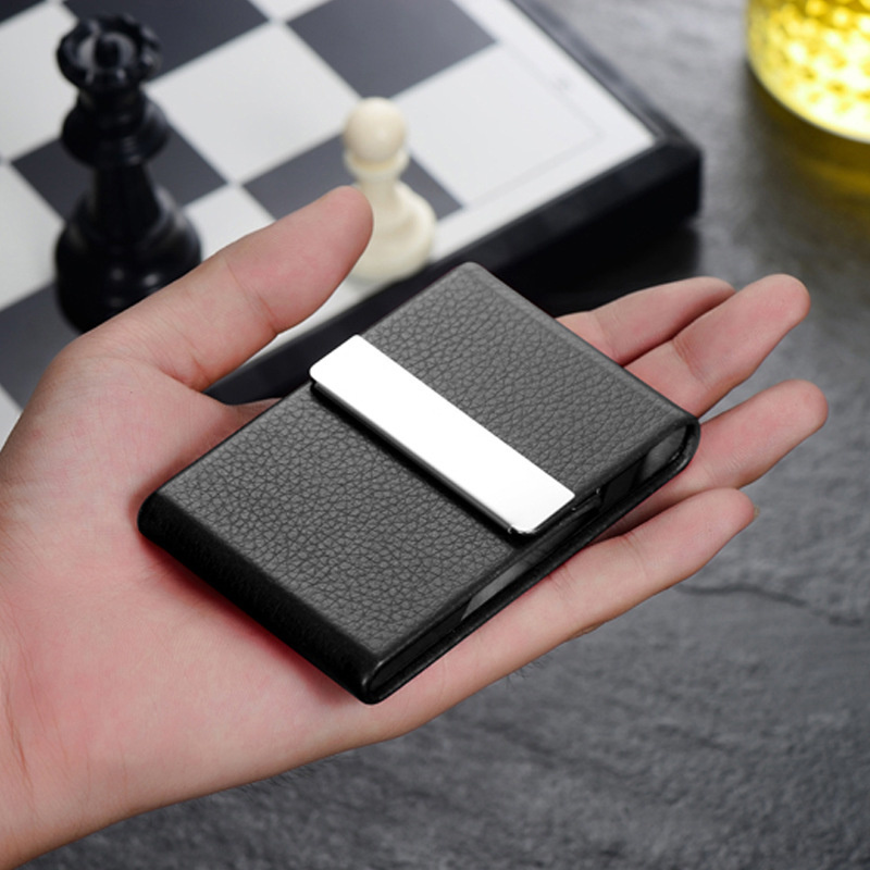 Porta-cartões de visita elegante de aço inoxidável masculino, caixa de armazenamento de porta-cartões de crédito de couro com padrão de lichia