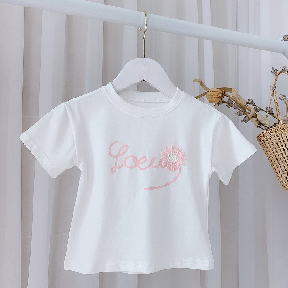 Zomer Outfits Meisjes T-shirt Kids Kinderen Baby Korte Mouw Casual Bloem Brief O-hals Tops Basic Tee T-shirts S12483: White / 24