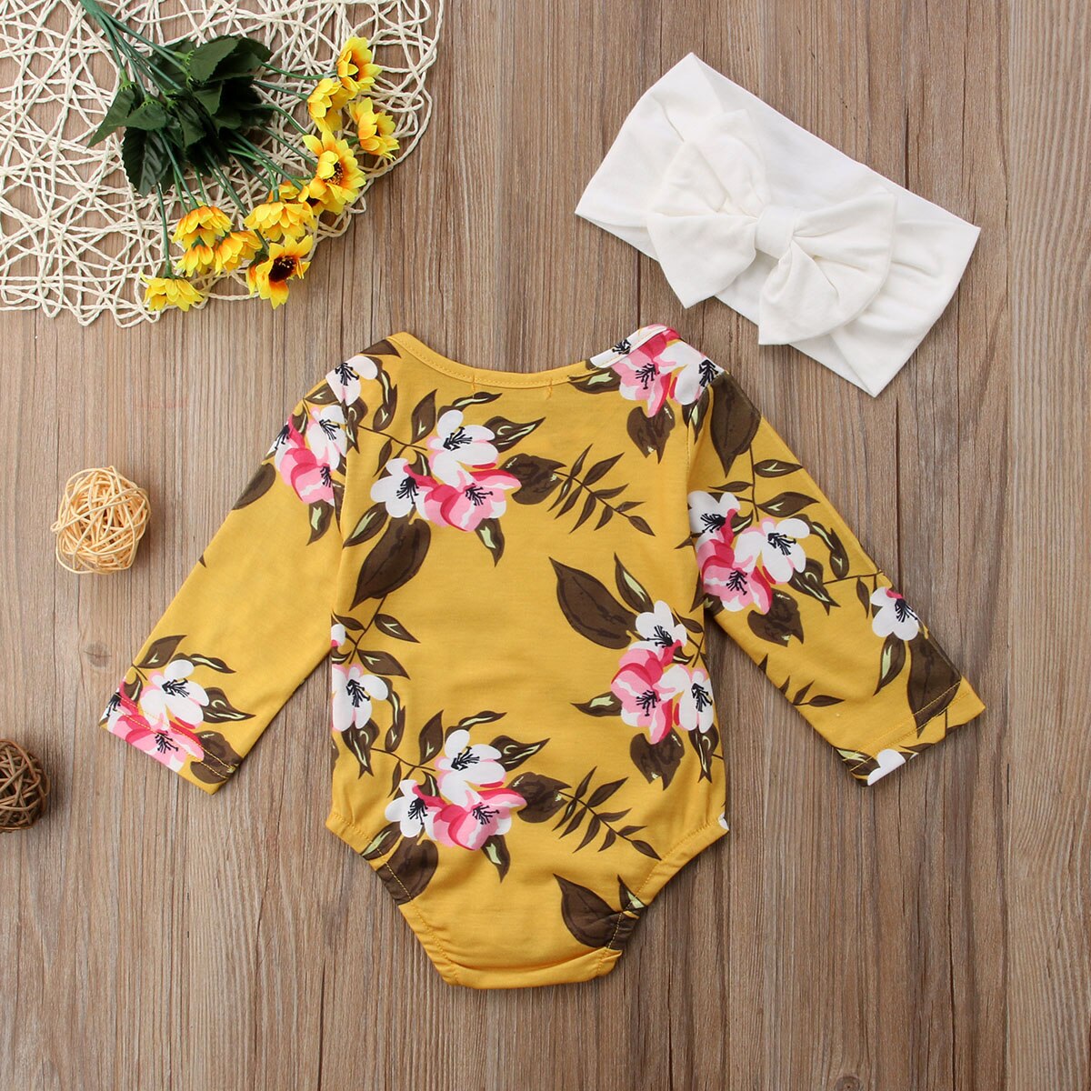 Bodysuits florales de manga larga para bebés y bebés recién nacidos + diadema trajes casuales 0-18 M