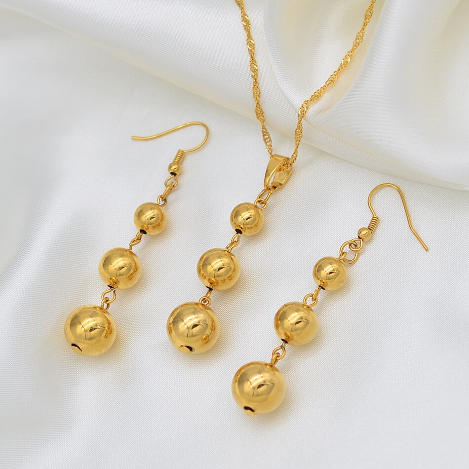 Anniyo – ensemble de bijoux couleur or, 3 boules, pendentif, chaîne, boucles d'oreilles pour femmes, bijoux arabes/africains éthiopiens, #069106