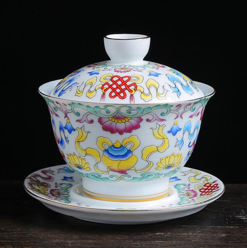150ml ekstra store blå og hvide porcelæn otte skatte gaiwan kinesisk te skål gul keramisk te terrin te kop underkop sæt: F