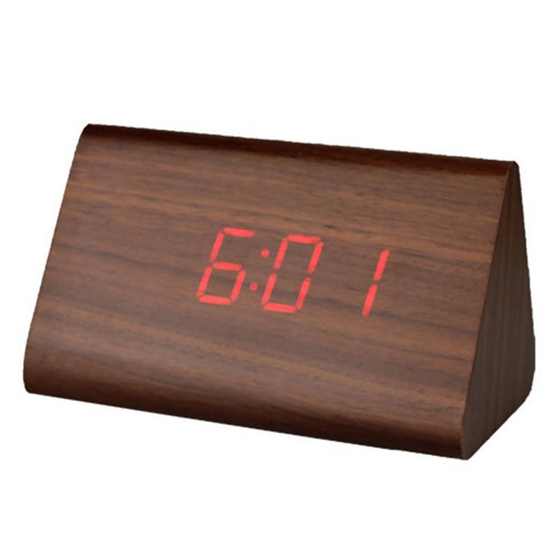 Moderne trekantet led træ vækkeur klassisk digital lydkontrol skrivebord ur termometer (sort træ og hvidt lys): Brun