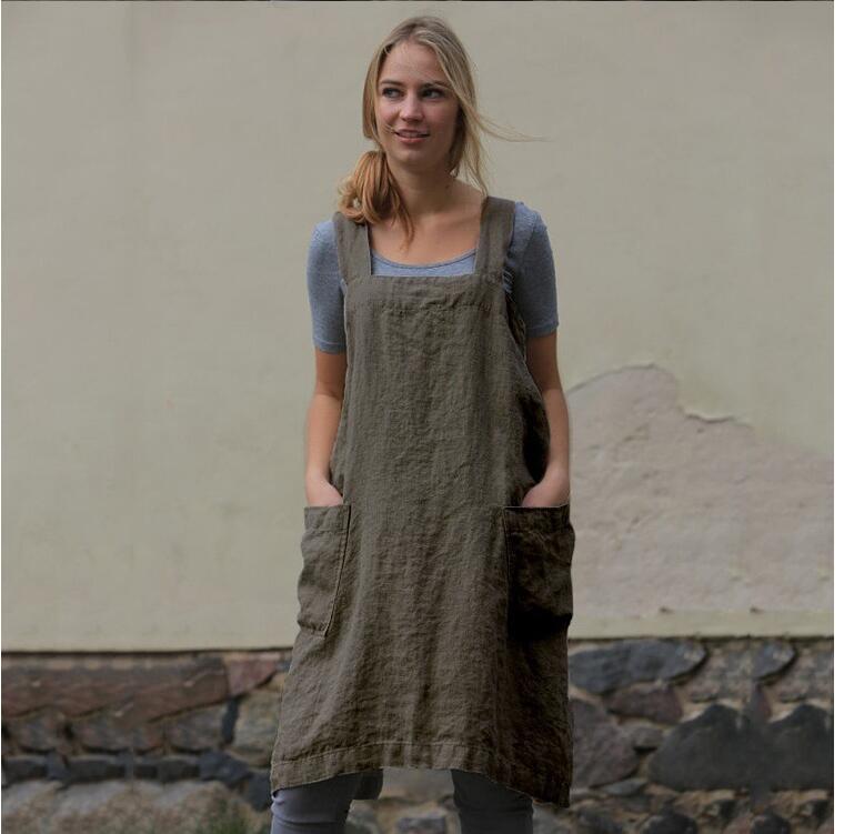 Delantales de lino y algodón de estilo japonés, vendaje cruzado sólido en forma de X para la espalda, cocina, restaurante, delantal de cocina, ropa, Herramientas de limpieza para mujer: M / Verde militar