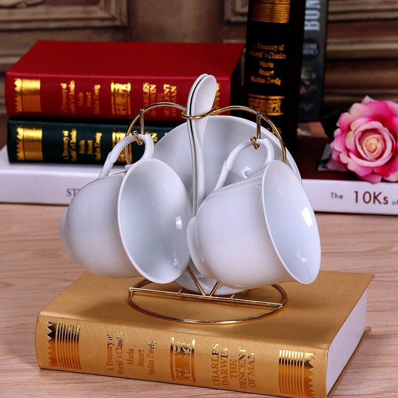 Noble English British Teapot and Cup Set High Grade Porcelain Pot Kettle Jug Party Cafe Teaware Coffee Cup and Saucer Spoon Set: White Cups