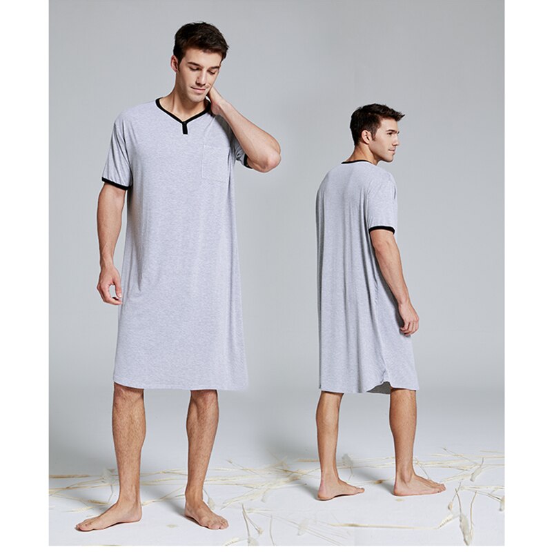 Zomer Dunne Mannen Pyjama Effen Korte Mouwen Pyjama Night Robe Badjas Mannelijke Katoen Losse Badjas Nachtkleding Plus Size: Grijs / Xxxl