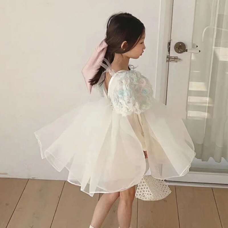 Kinderen Jurk Zomer Party Jurk Voor Kinderen Meisje Verjaardag Drie-Dimensionale Bloem Kleur Bladerdeeg Mouw Mode Casual Jurken