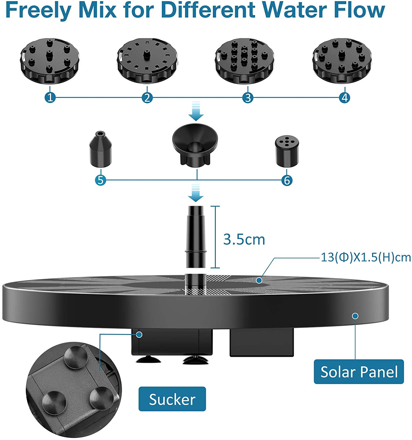 AISITIN-Fuente Solar de 3,5 W, fuente alimentada por energía Solar con 6 boquillas, fuente de agua Solar para baños de aves, decoración de jardín