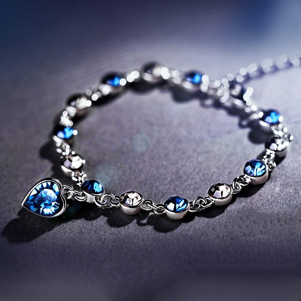 glänzend Blau Strass Ozean Herz Armbinde funkeln Kristall Einstellbar Metall Kette Frauen Elegante Handgelenk Kette Schmuck