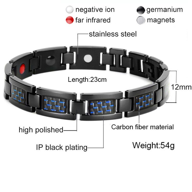 Mens Black Magnetische Armband Roestvrij Staal Energie Germanium Mannen 4 In 1 Armbanden Hand Chain Blue Carbon Fiber Hologram Bangle: 3