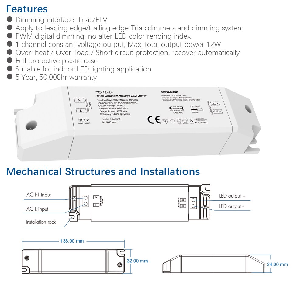 Triac LED Driver Dimmable Constant Voltage 1CH 12W AC 220V to DC 12V 24V PWM Digital Dimming Triac Driver 12V for LED Light Tape