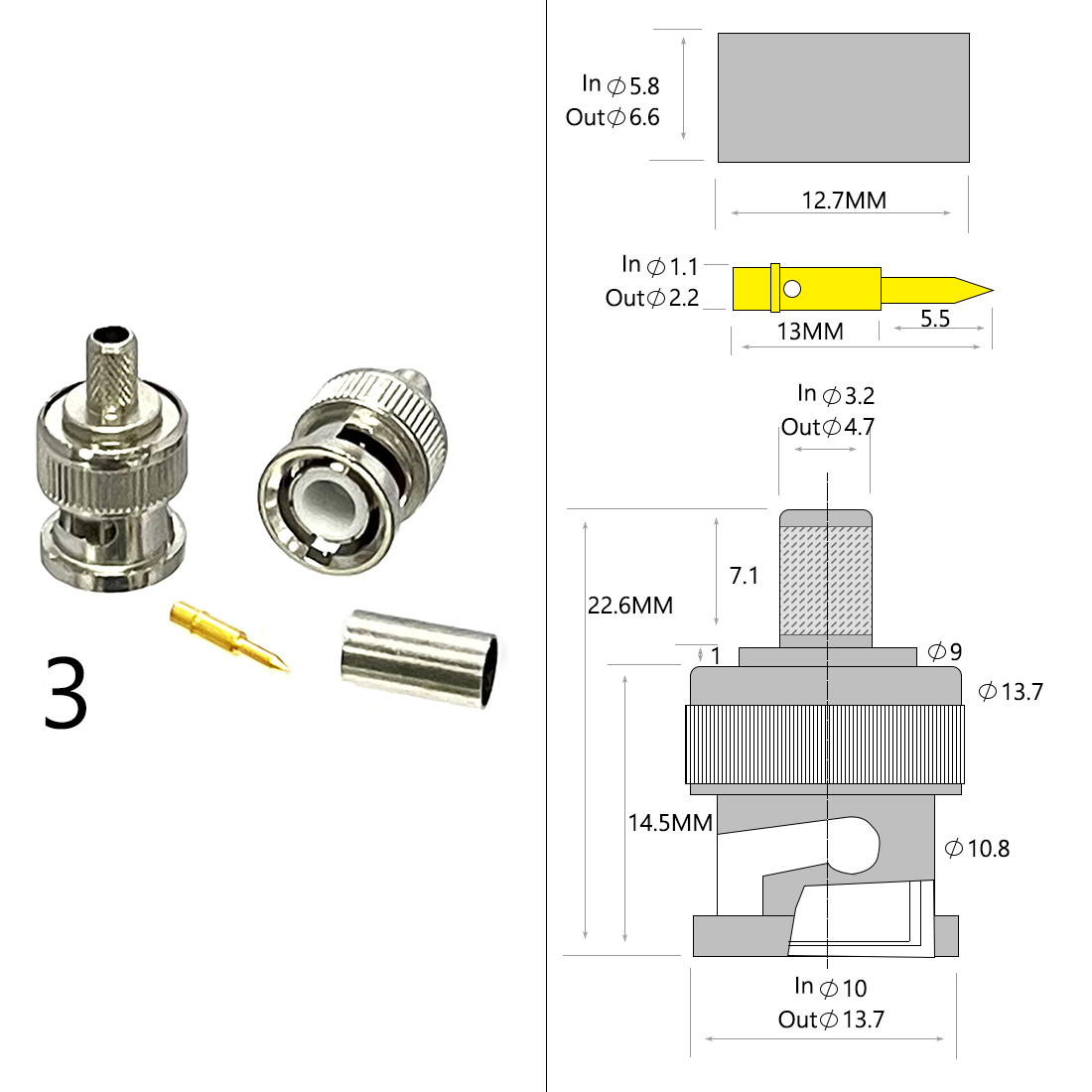 1-4PC BNC Male Female Plug Jack RF Coax Connector Crimp for RG316 RG174 RG58 RG142 Cable Copper Nickelplated With Drawing: Lavender / Under 5Pcs
