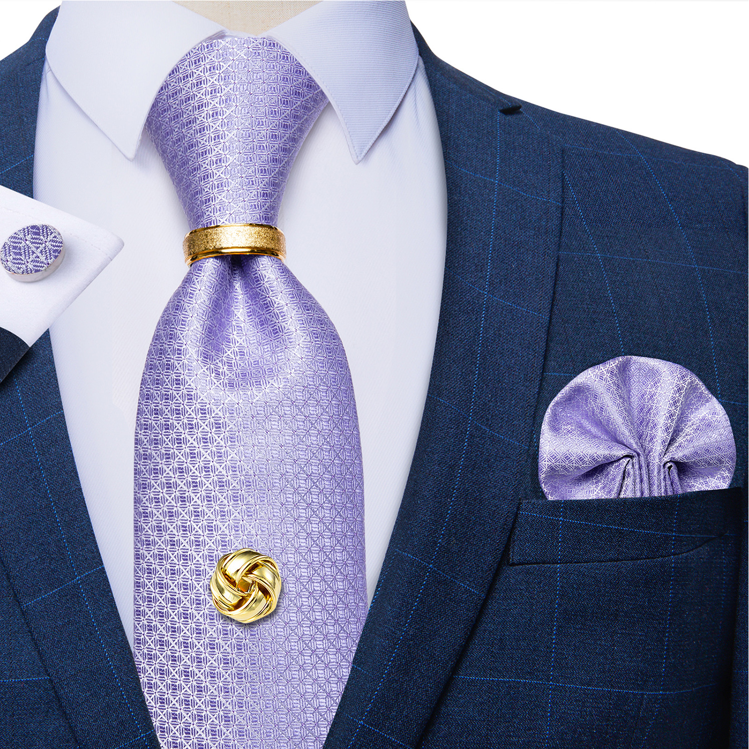 Corbatas de poliéster de Cachemira roja para hombre, 5 uds., con lazo de Metal de Color dorado, pañuelo, gemelos, boda de lujo, graduación, corbata de 8cm: Azul cielo