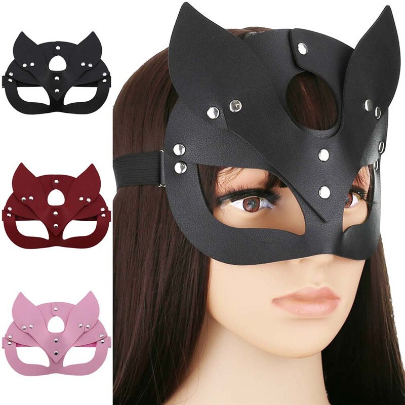 Women Mask Face Fox Cosplay PU Leather Mask Blindfold Halloween Party Mask Masquerade Ball Masks Punk Collar