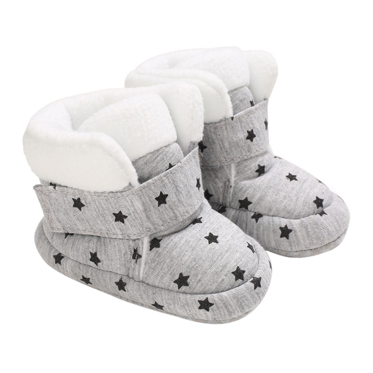 Botas cómodas de bebé de con estampado de estrellas, zapatos de niño para cuna, zapatos de niño para sus primeros pasos con fondos antideslizantes, botines de algodón de felpa de invierno para recién nacidos: Gris / 12