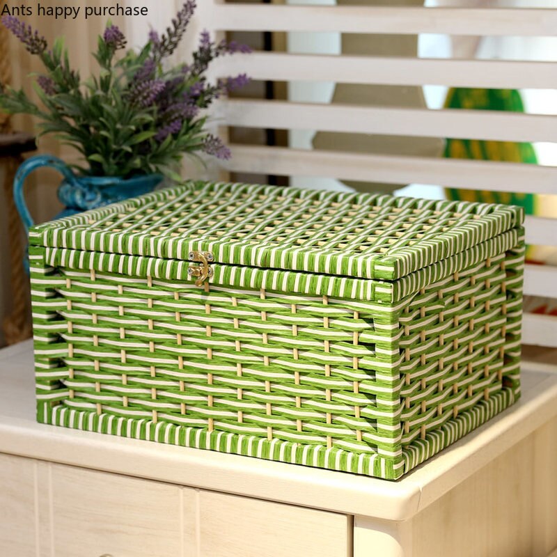 Rattan Weaving Storage Box with Lid Household Desktop Debris Storage Box Living Room Snacks Bedroom Clothing Storages Basket