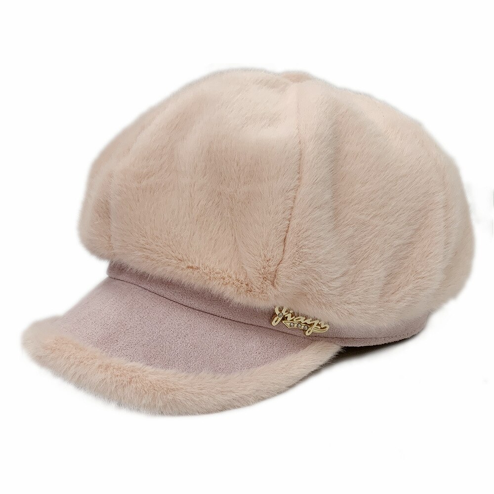 Hatte til kvinder imiteret pels plys tyknet varm ottekantet hat efterår vinter koreansk hat afslappet newsboy hætter: Lyserød