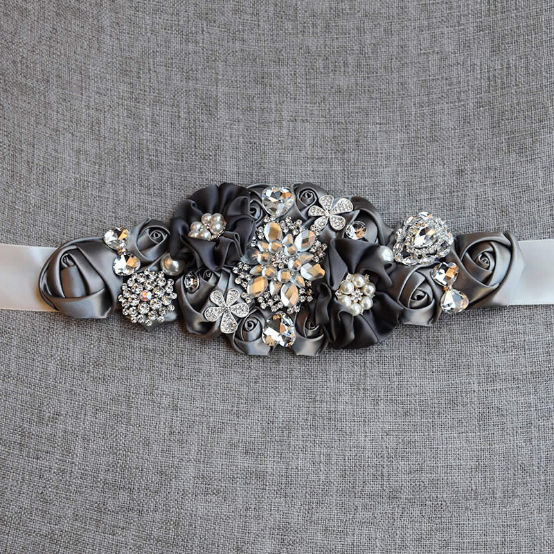 Cinturones de boda de cristal, apliques de flores de satén, banda de diamantes de imitación, accesorios de boda, cinturón de novia: Grey
