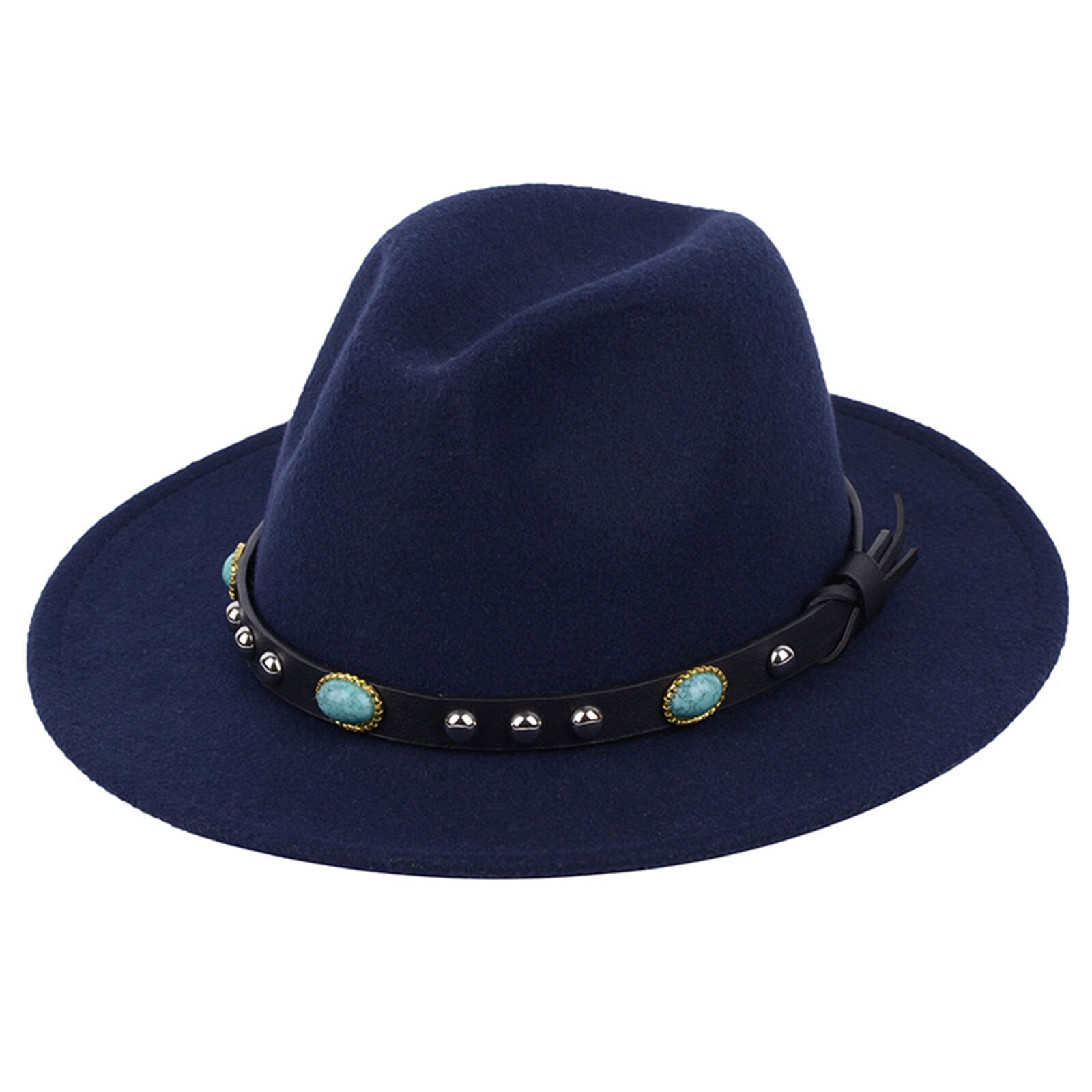 Sombrero de fieltro Vintage estilo inglés para hombre y mujer, Fedora de fieltro de lujo, hebilla de cinturón ancha, gorros con visera vaquera, sombrero de Jazz: Navy Blue