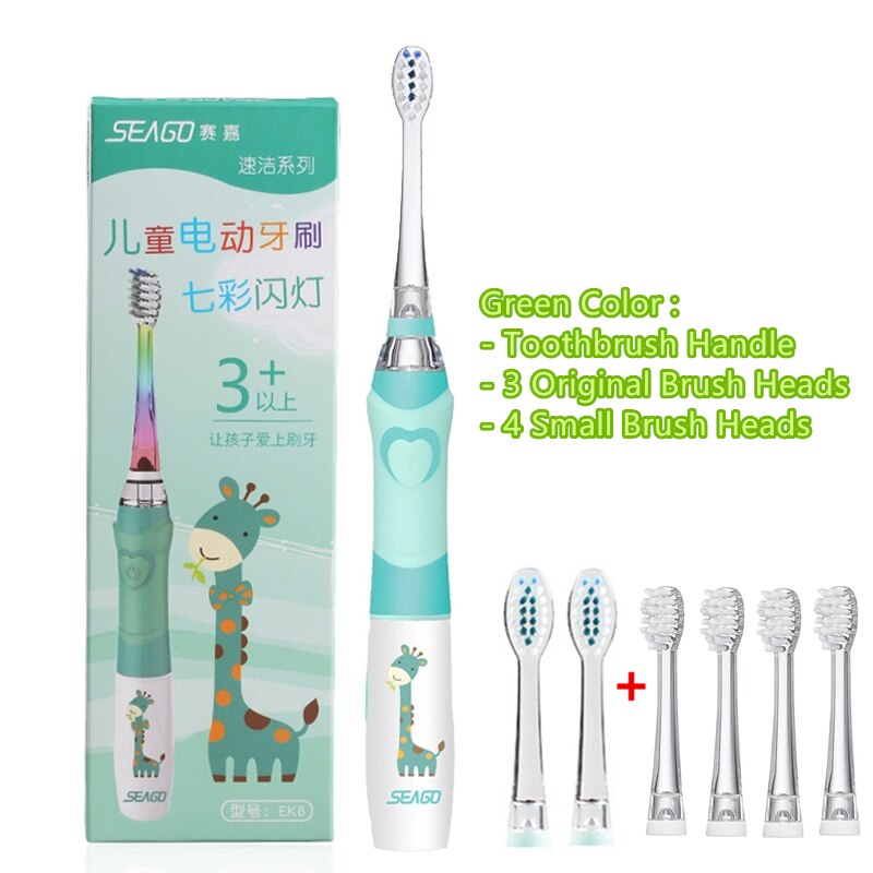 SEAGO Kinder Sonic Elektrische Zahnbürste Betriebene Wasserdichte LED Licht für 3-12 Alter Kinder Smart-Timer 3 Weichen Borsten pinsel Köpfe: Green and 4 Small