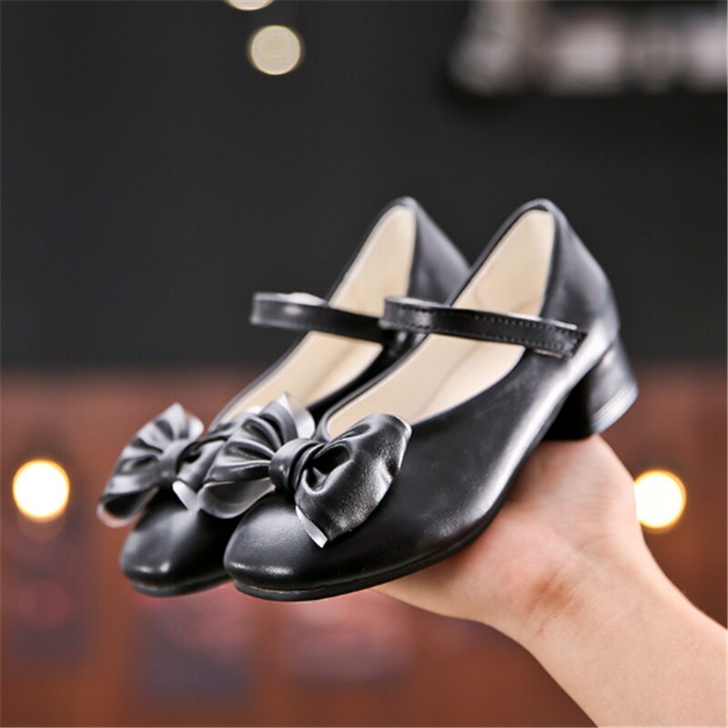 Children Bow High Heel Leather Shoes Princess Pointed Toe Kids White Wedding Shoe Sweet Toddler Causal Moccasins