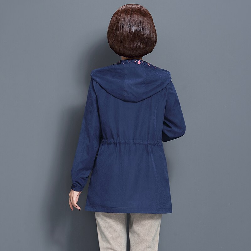 Women Trench Coat Spring Autumn Print Thin Female Both Sides Wear Overcoat Middle Aged Mother Hooded Windbreaker W1873