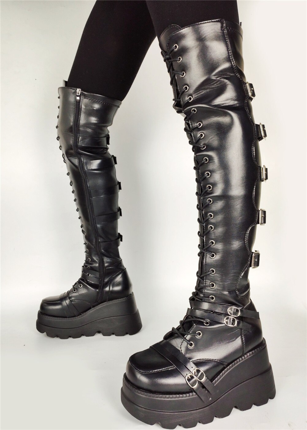 Luxus Neue Damen Hohe Plattform gotisch Über sterben Knie Stiefel Punk Party Oberschenkel Hohe Stiefel Frauen Keile hoch Fersen schuhe Frau