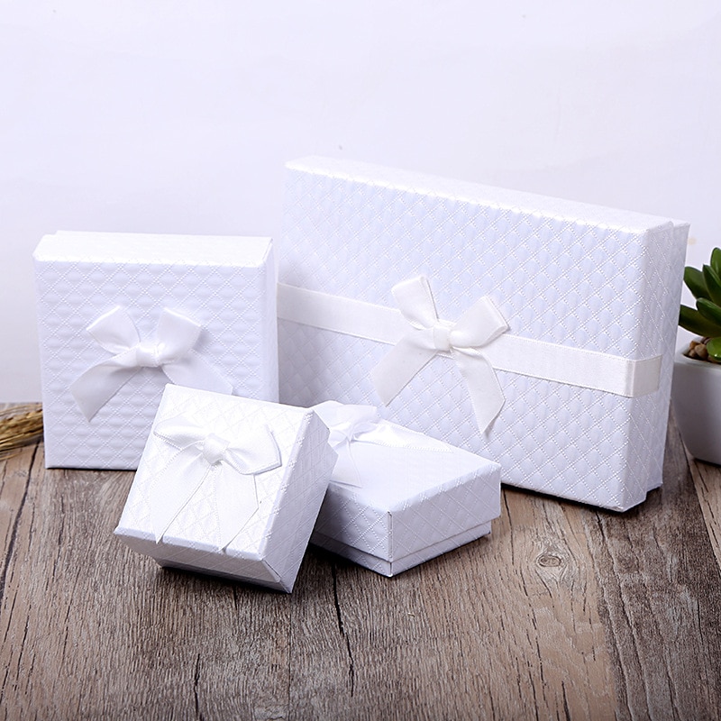 Box 12 Pcs/Lot White Bowknot Kraft Paper Favour Boxes Bulk Ring Bracelet Jewelry Box