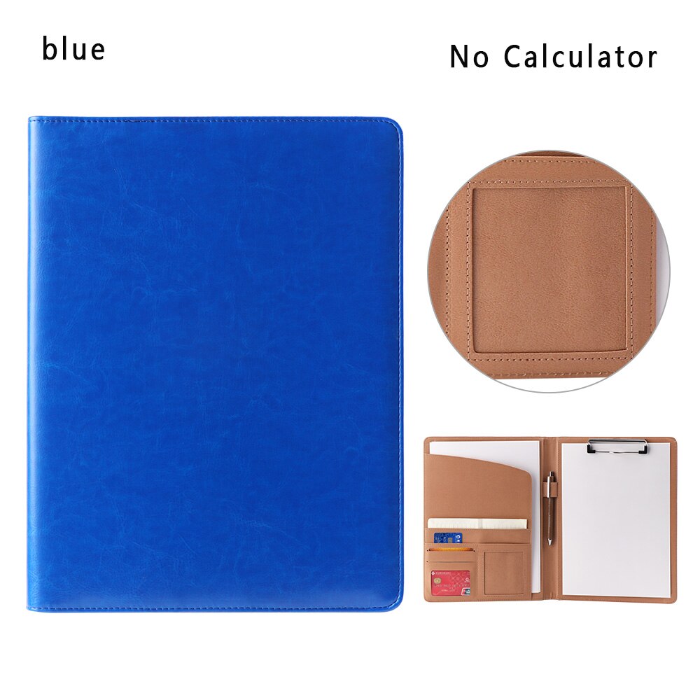 A4 PU Leather File Folder With Calculator Multi-function Business Document Pads Manager Portfolio Office Supplies: No calculator blue